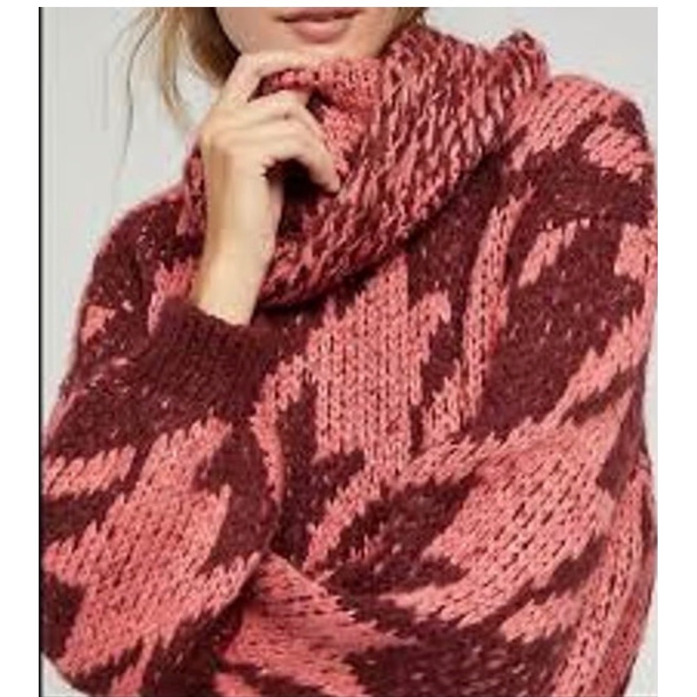 Daytrip Womens Oversized Houndstooth Turtleneck‎ Sweater Pink Size Large NEW